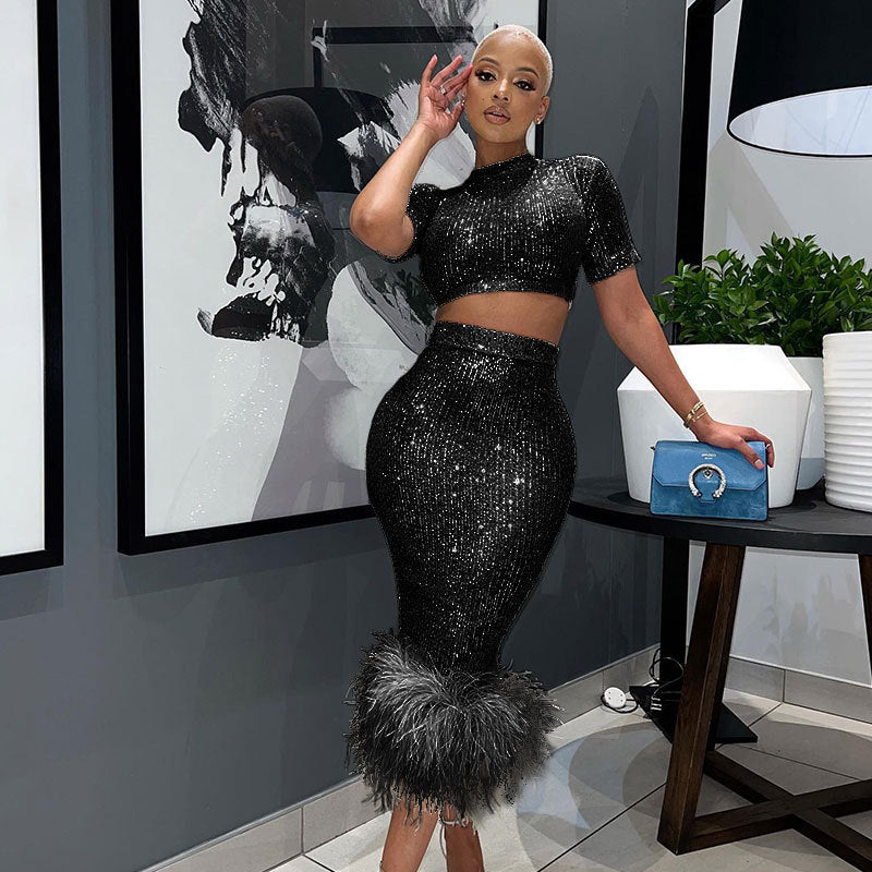 Ladies Fashion Sequin Short Sleeve Bodycon Sexy Feather Dress 9