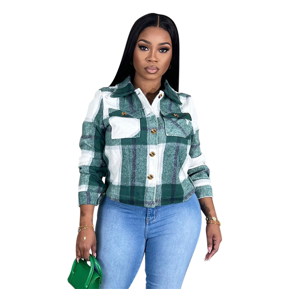 Women Autumn and Winter Plaid Crop Shirt Top 7