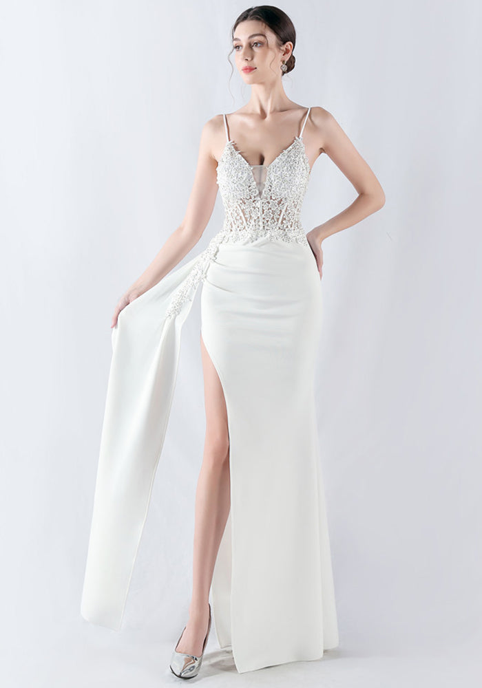 Women Beaded Flowered Fishbone Evening Dress