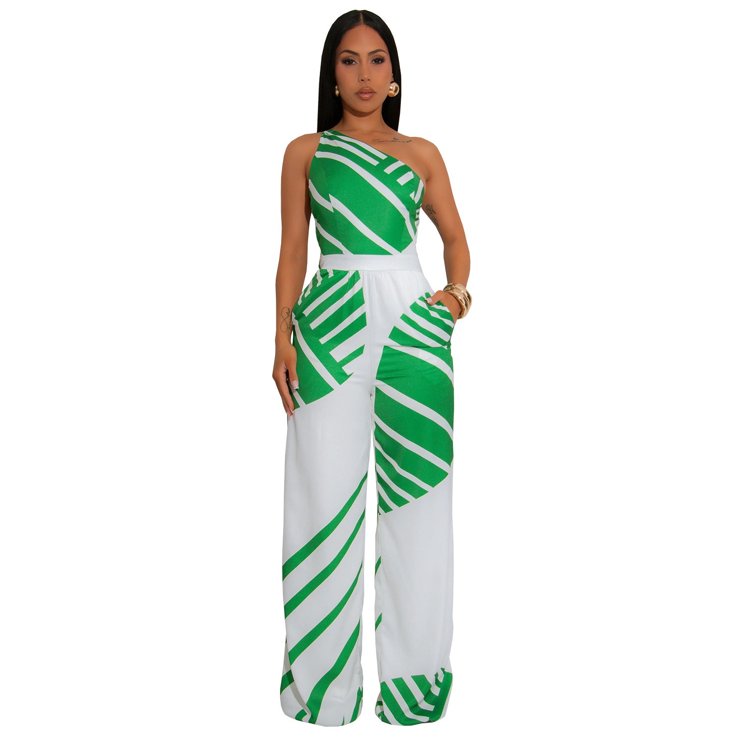 Fashion Women's Summer Casual Low-Back Slash-Shoulder Striped Jumpsuit 7