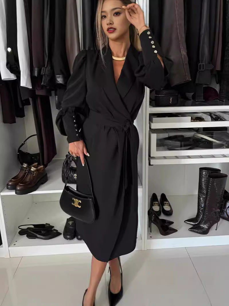 Women autumn and winter Solid shawl collar long-sleeved Blazer dress 5