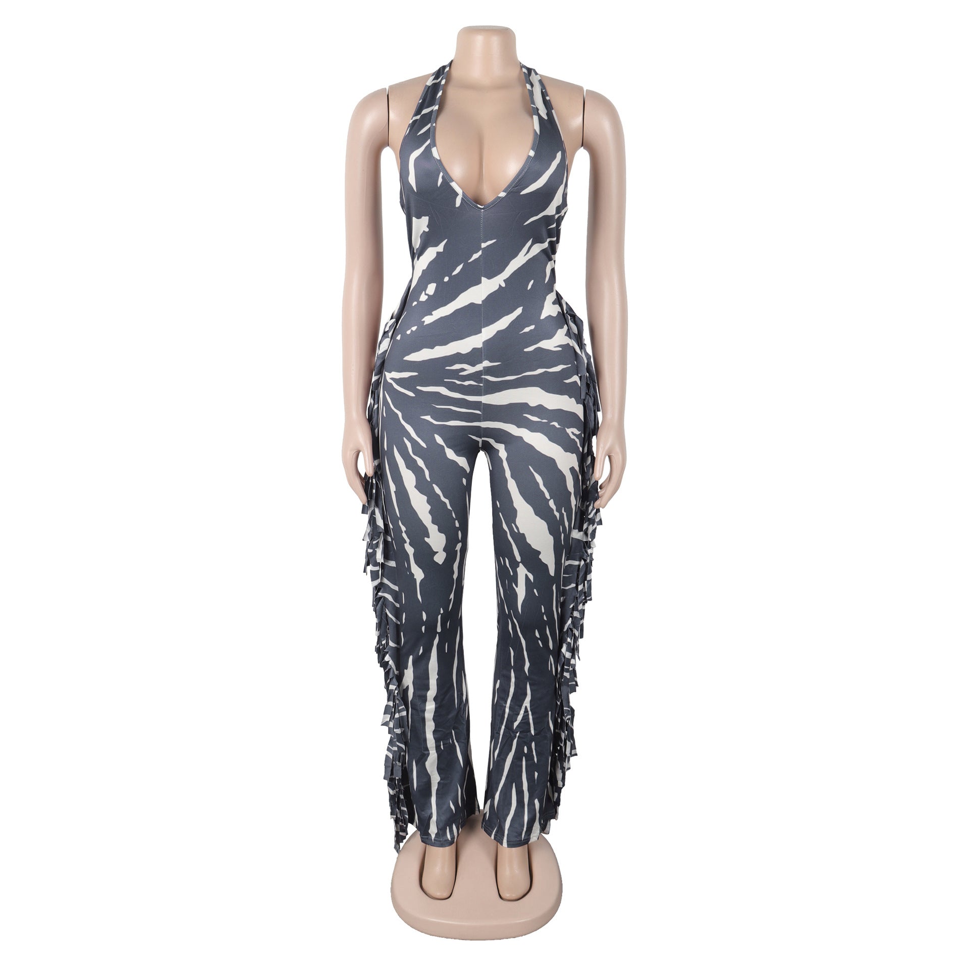 Women Elegant Sexy Tassel Print Halter Neck Lace-Up Jumpsuit 8