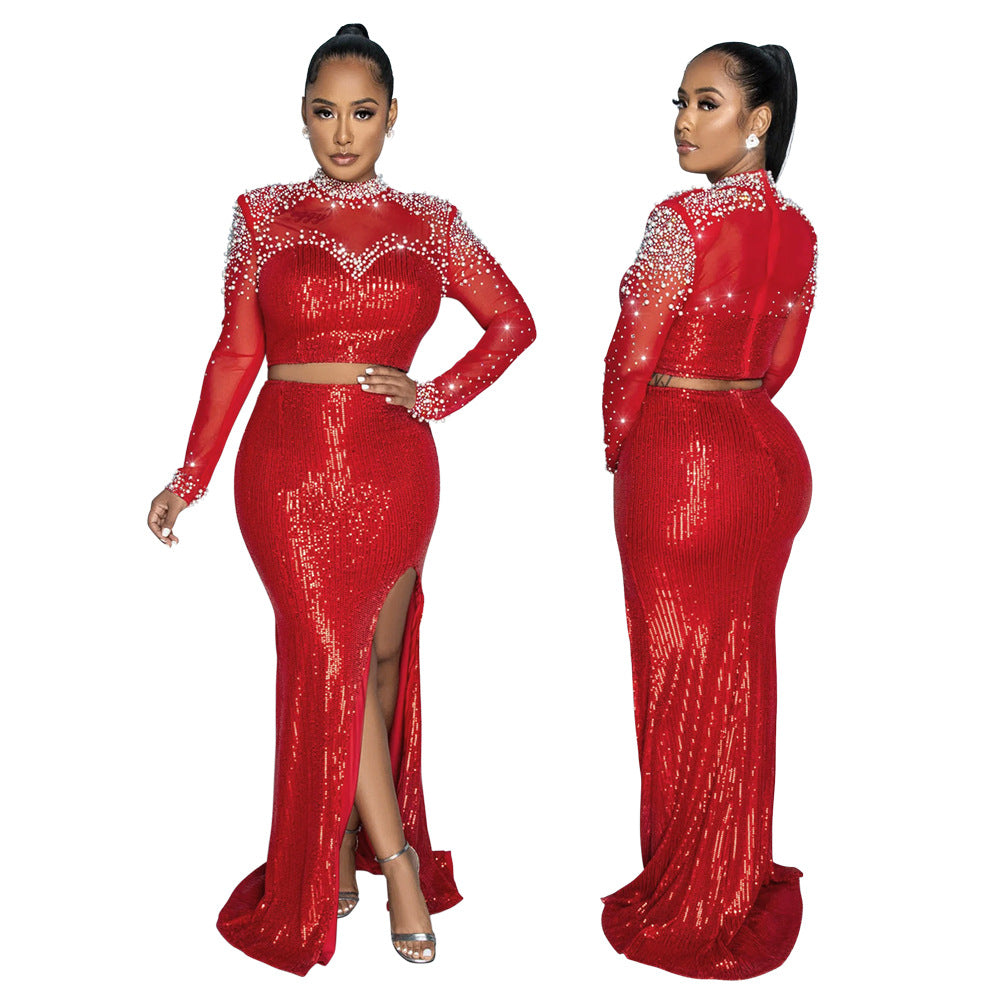 Fashionable Round Neck Mesh sequined long-sleeved top high slit skirt two-piece set for women