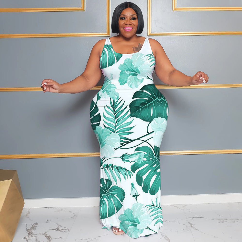 Plus Size Women's Summer Casual Sleeveless Digital Print Long Dress 5