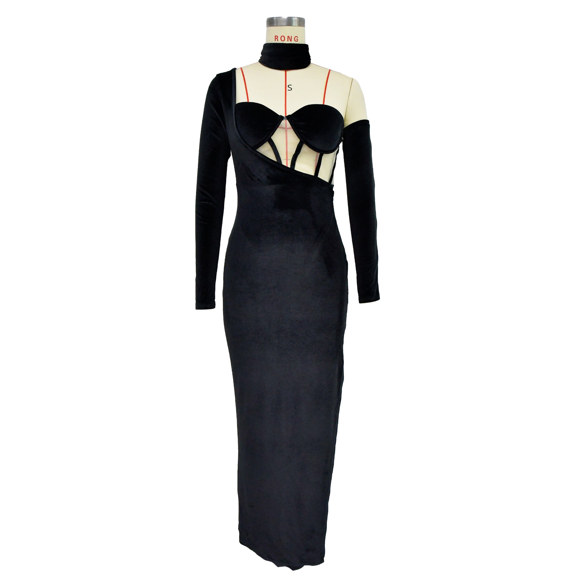 Fashion Ladies Solid Color One Sleeve Glove Evening Gown Maxi Dress 13