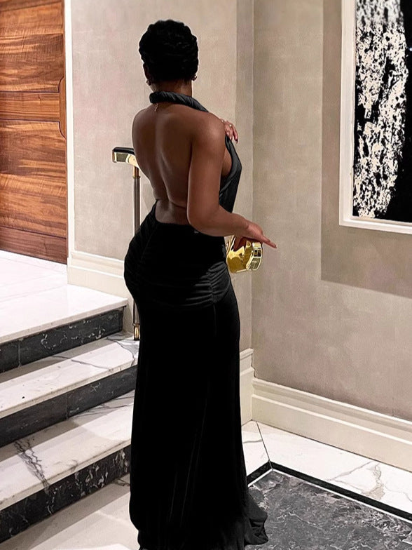 Women Sexy Backless Halter Neck V-neck Solid Slit Dress 6