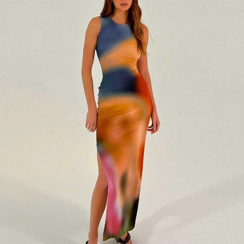 Women Summer Tie-Dye Printed Slit Dress