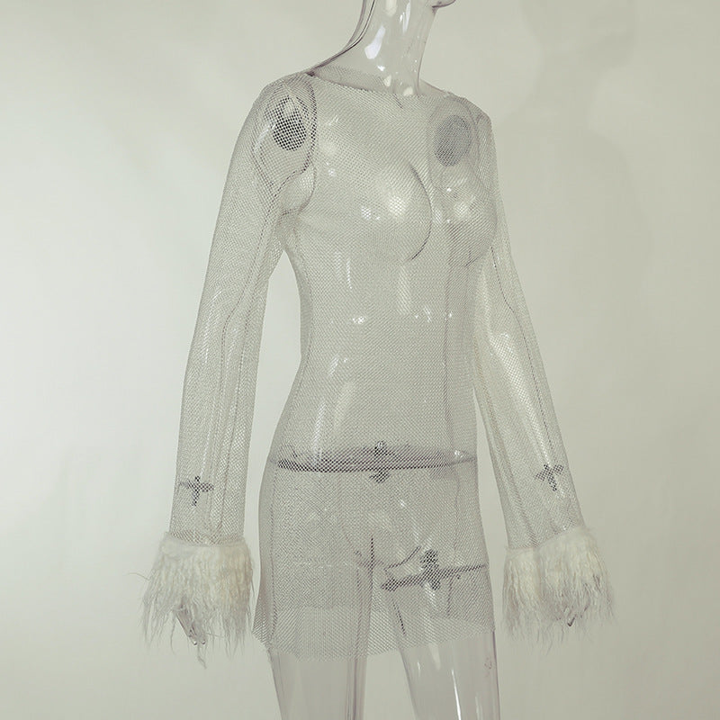 Furry Long Sleeve See-Through Mesh Fashion Trend Sexy Women's Nightclub  Dress 13