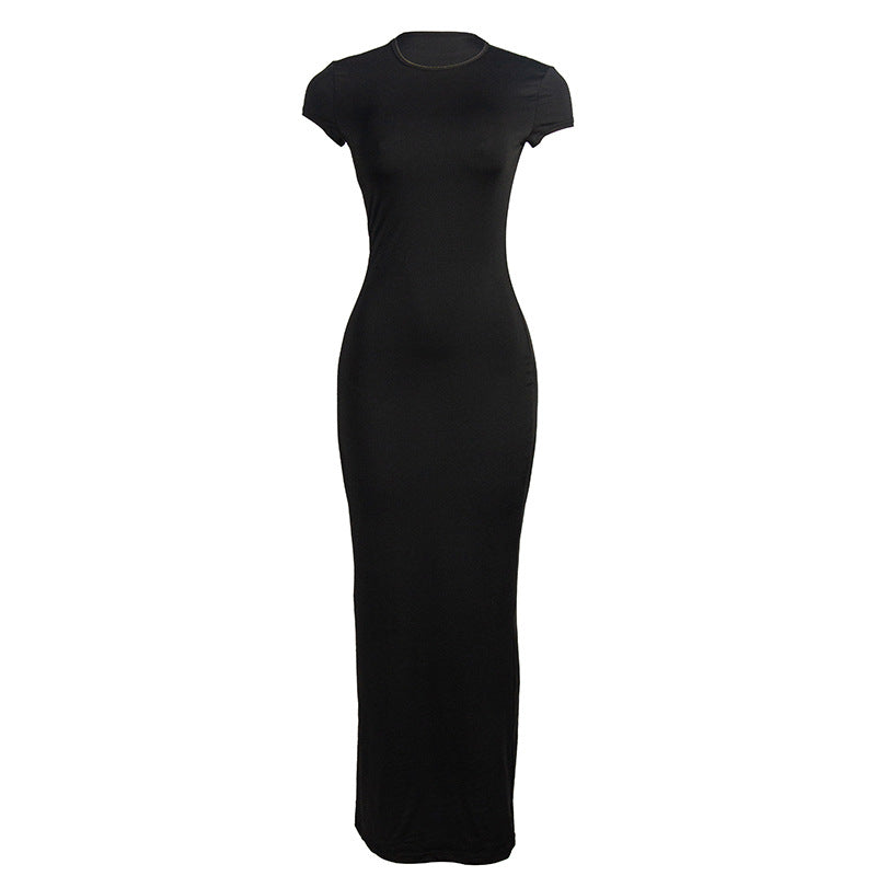 Women Solid Round Neck Short Sleeve Bodycon Dress 8