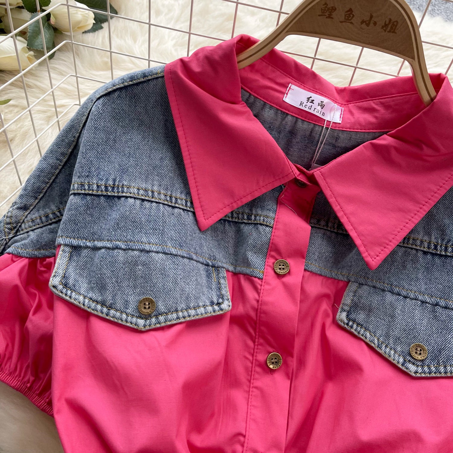 Women Contrast Patchwork Puff Sleeve Stretch Shirt 42