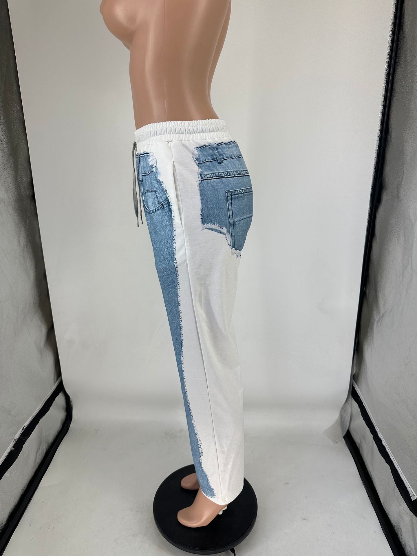 Spring/Summer Denim Print Contrast Pocket Elastic Waist Casual Straight-Leg Pants 10