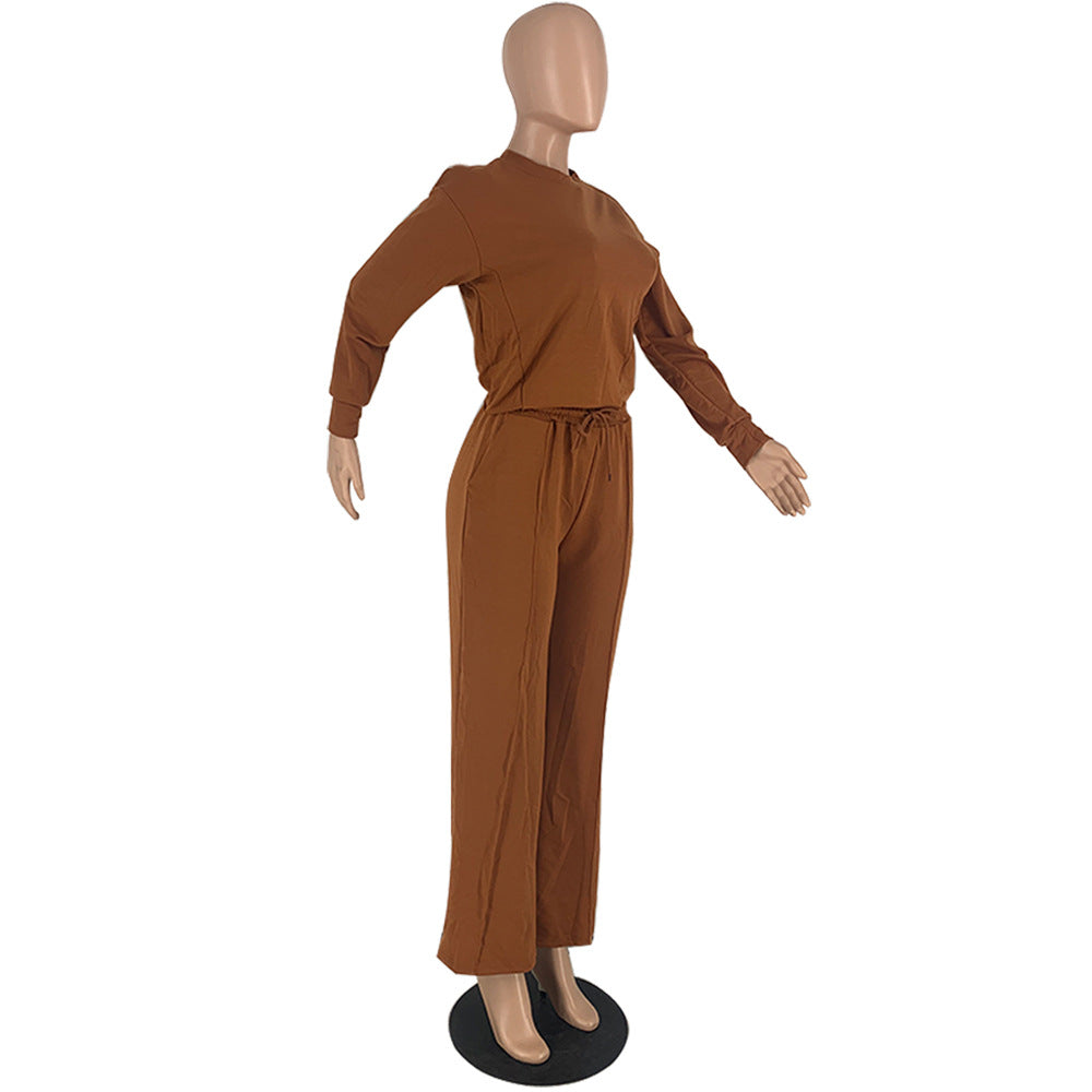 Solid Color Long Sleeve Pocket Straight Pants 2 Piece Set 51