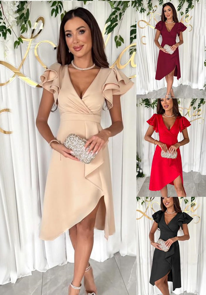 Women Summer Career Solid V neck Ruffle Sleeve Dress