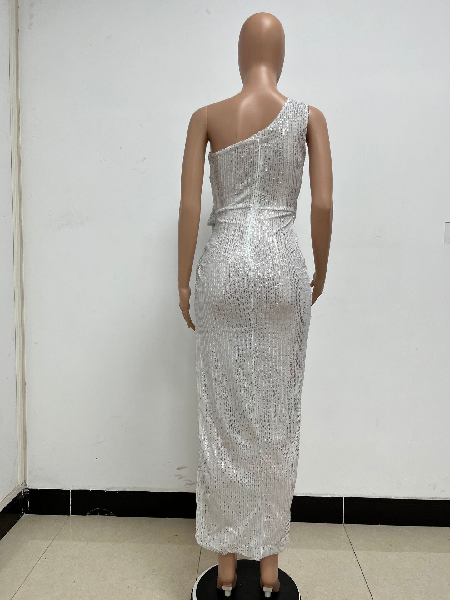 Women's One-Shoulder Lace-Up Sequined Evening Dress 83