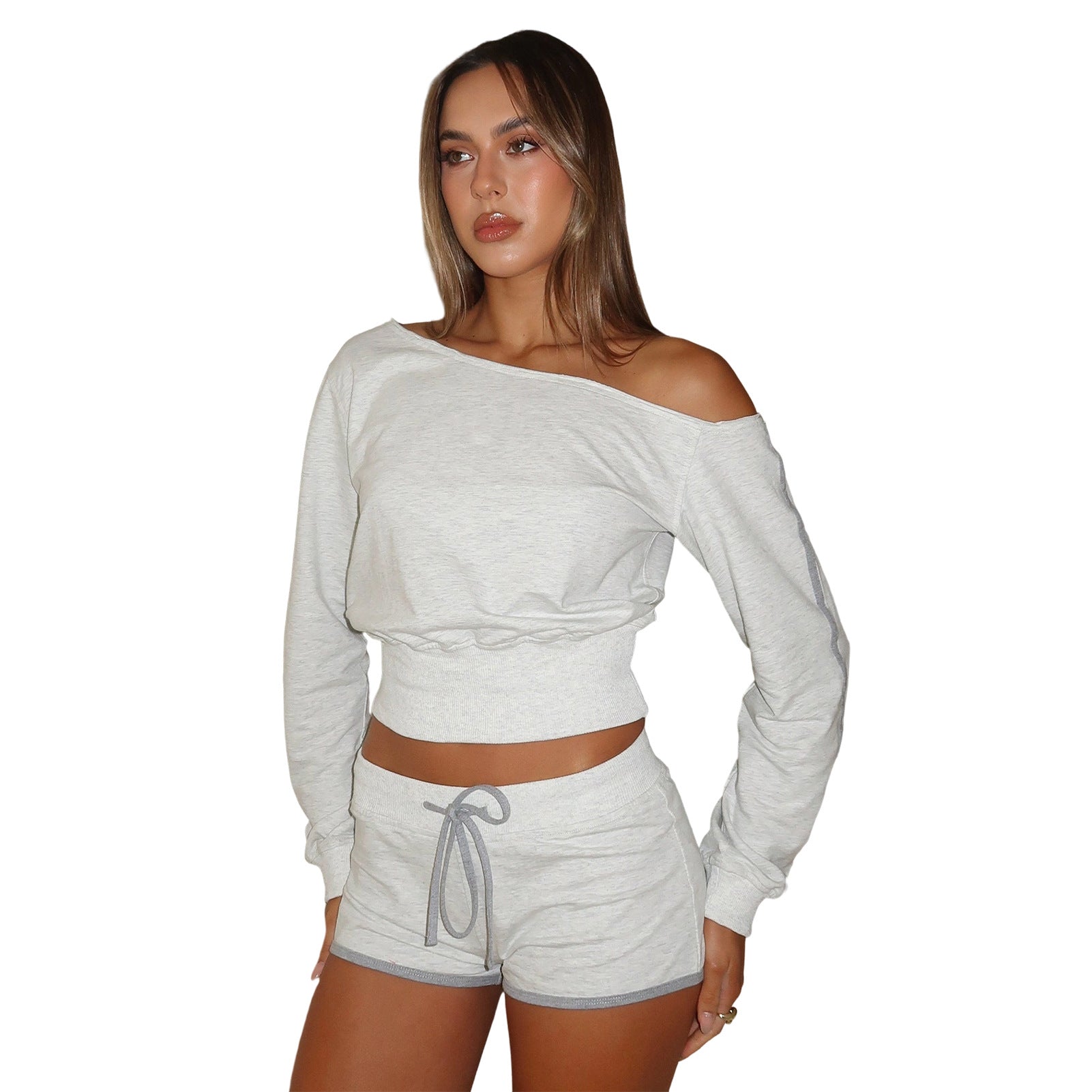 Women's Casual Slash Shoulder Long Sleeve Top Drawstring Shorts Two-Piece Set 14