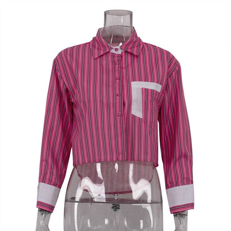 Women French striped turndown collar long sleeve crop top shirt 5