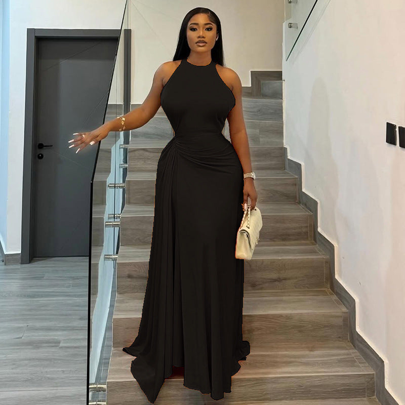 Women Solid Pleated Round Neck Sleeveless Bodycon Dress