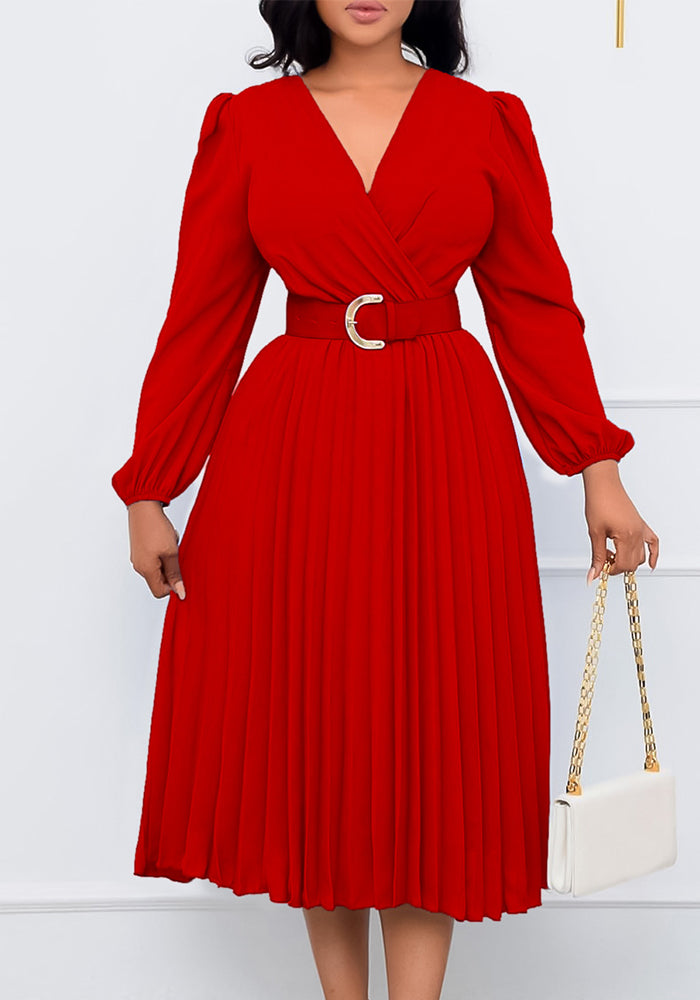 Plus Size Women Long Sleeve V-Neck Pleated Maxi Dress