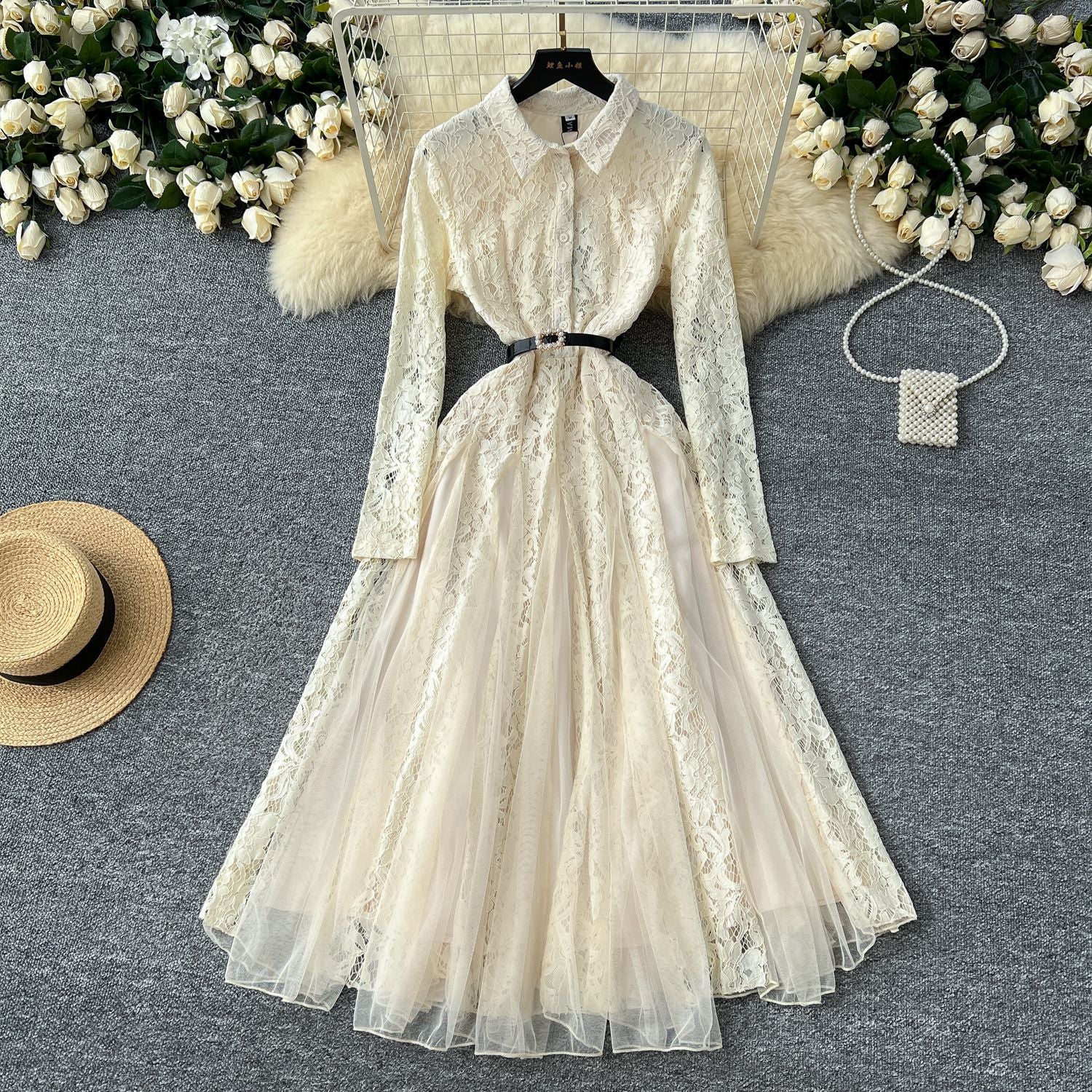 Elegant Women's Lace Patchwork Mesh Irregular Midi Dress 6