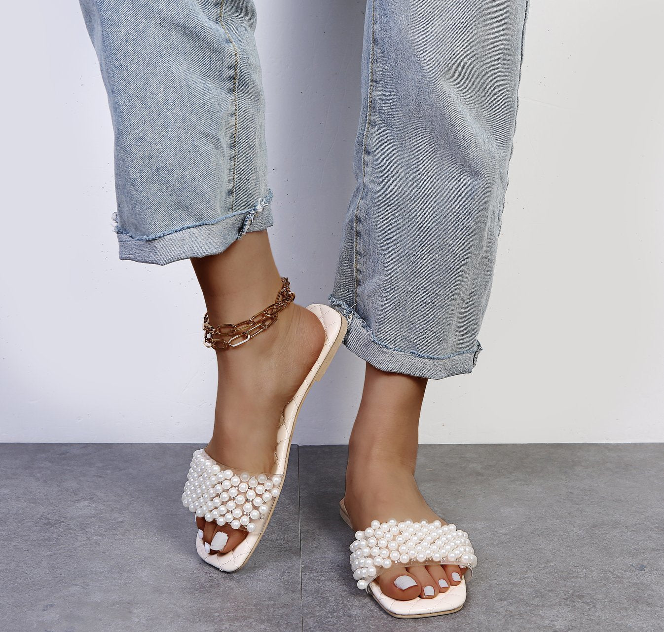 Ladies Summer Flat Slip-On Pearl Sandals 15