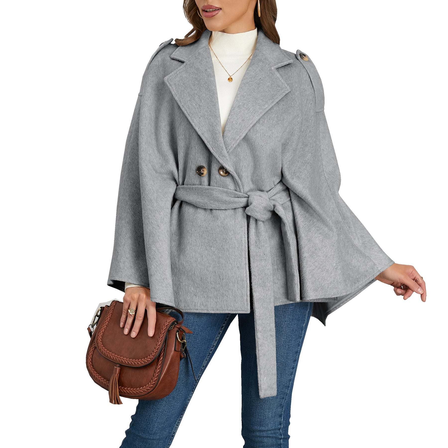 Women Winter Turndown Collar Cape Coat 9