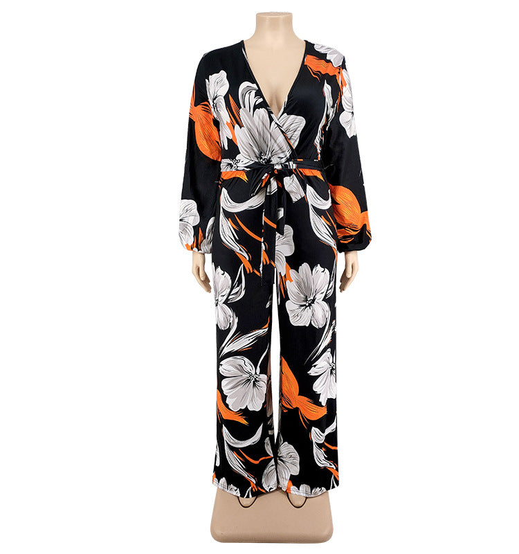 Plus Size Women Spring Bubble Sleeve Print Jumpsuit 7