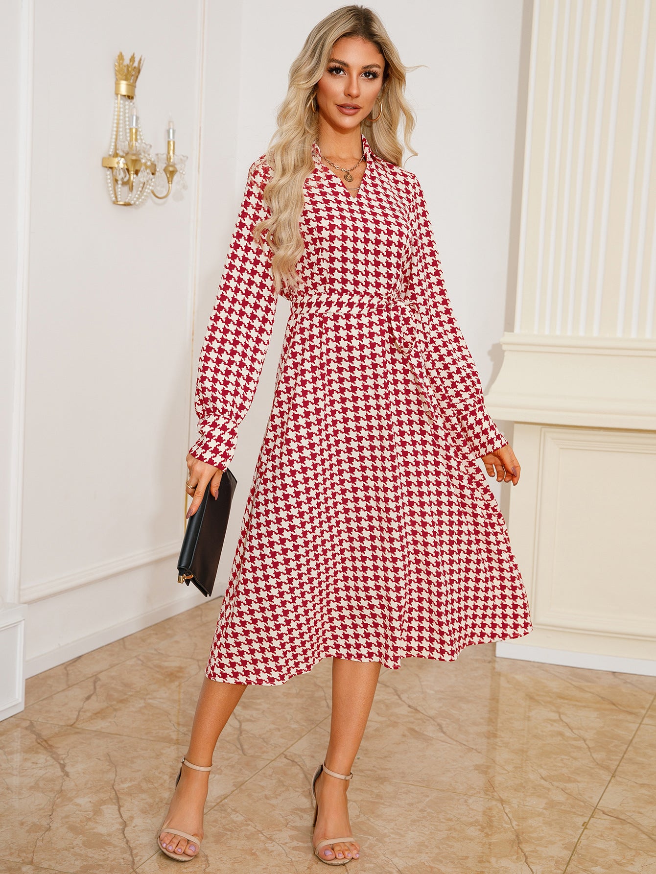 Autumn Long Sleeve V-Neck Houndstooth Print Belt Midi Casual Dress 3