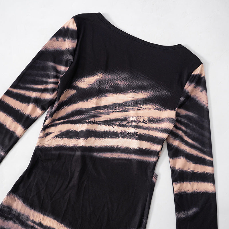 Women's Autumn Print Hollow Waist Sexy Slim Long Dress 7