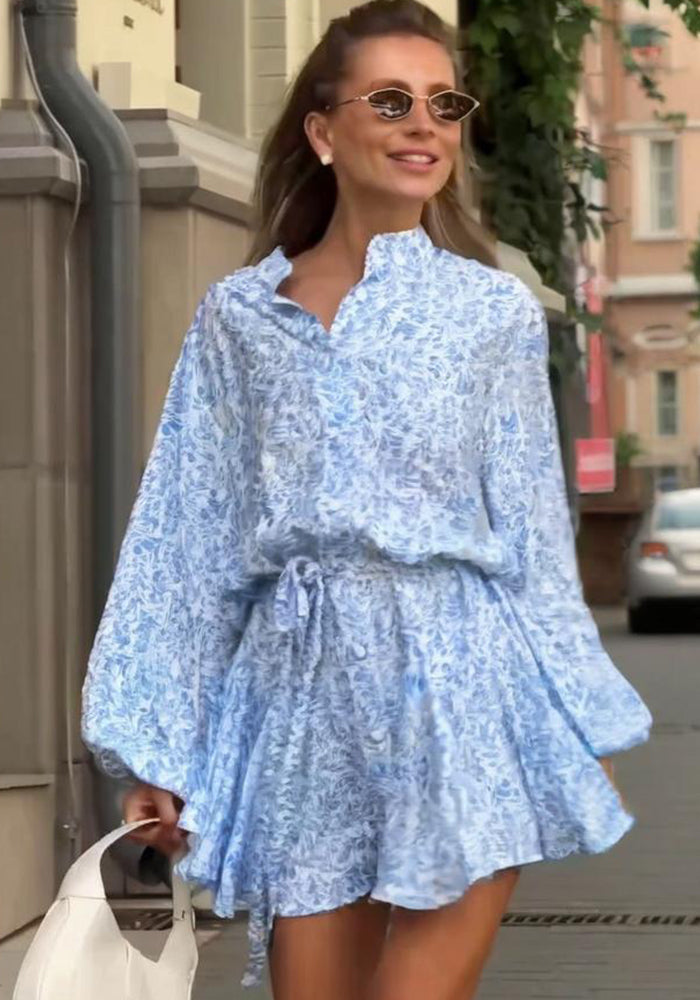 Summer Floral Belt Long Sleeve Casual Mini Dress