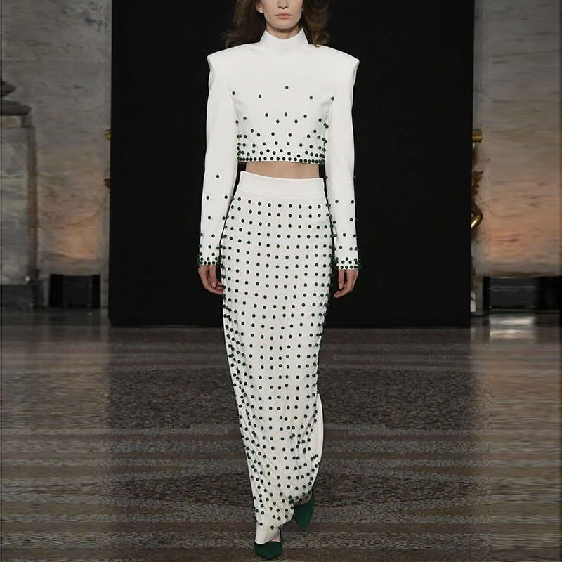 Women beaded top + skirt two-piece set