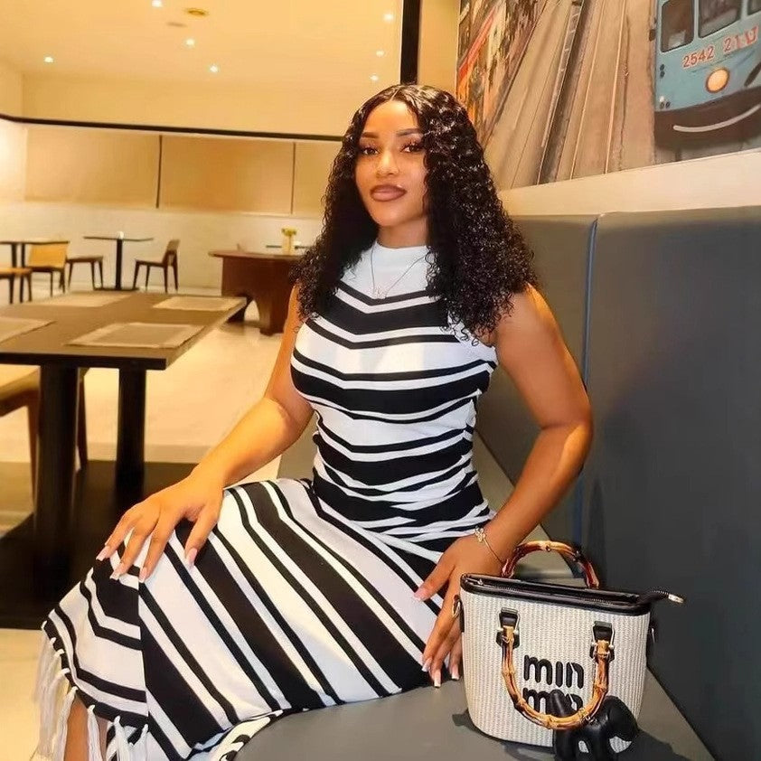 Tight Fitting Striped Tassel Sweater Dress Slim Fit Knit Fashionable Elegant Dress 6