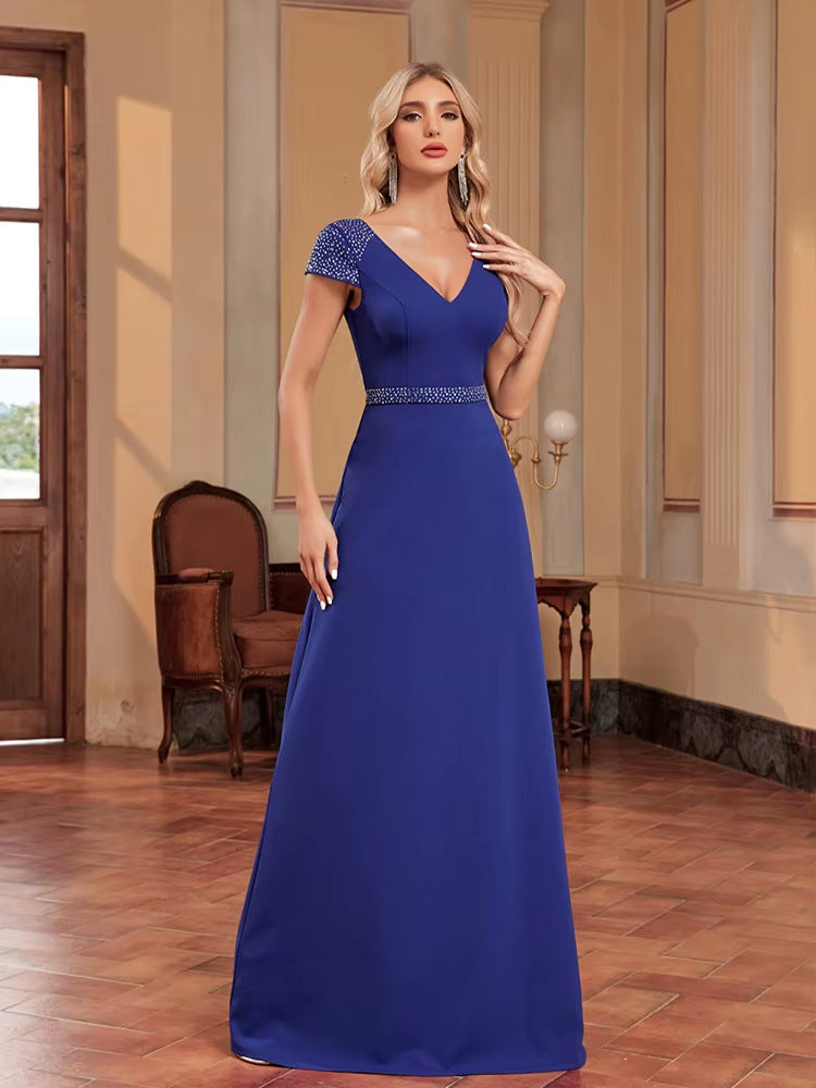 Women blue beaded long fishtail bridesmaid formal party evening dress 5