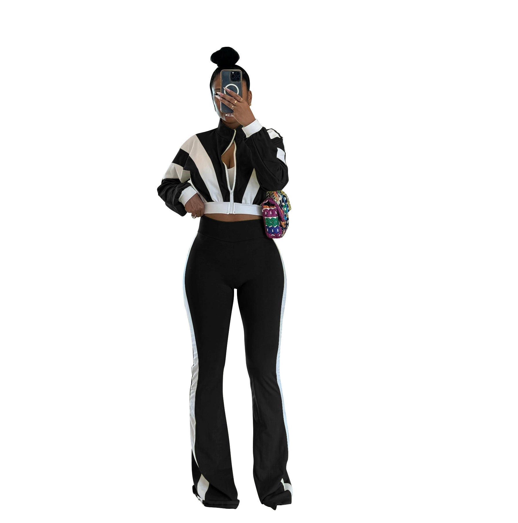 Women's Chic Casual Color-Block Long-Sleeve Zipper Top Slim Fit Bell Bottom Pants Set 9