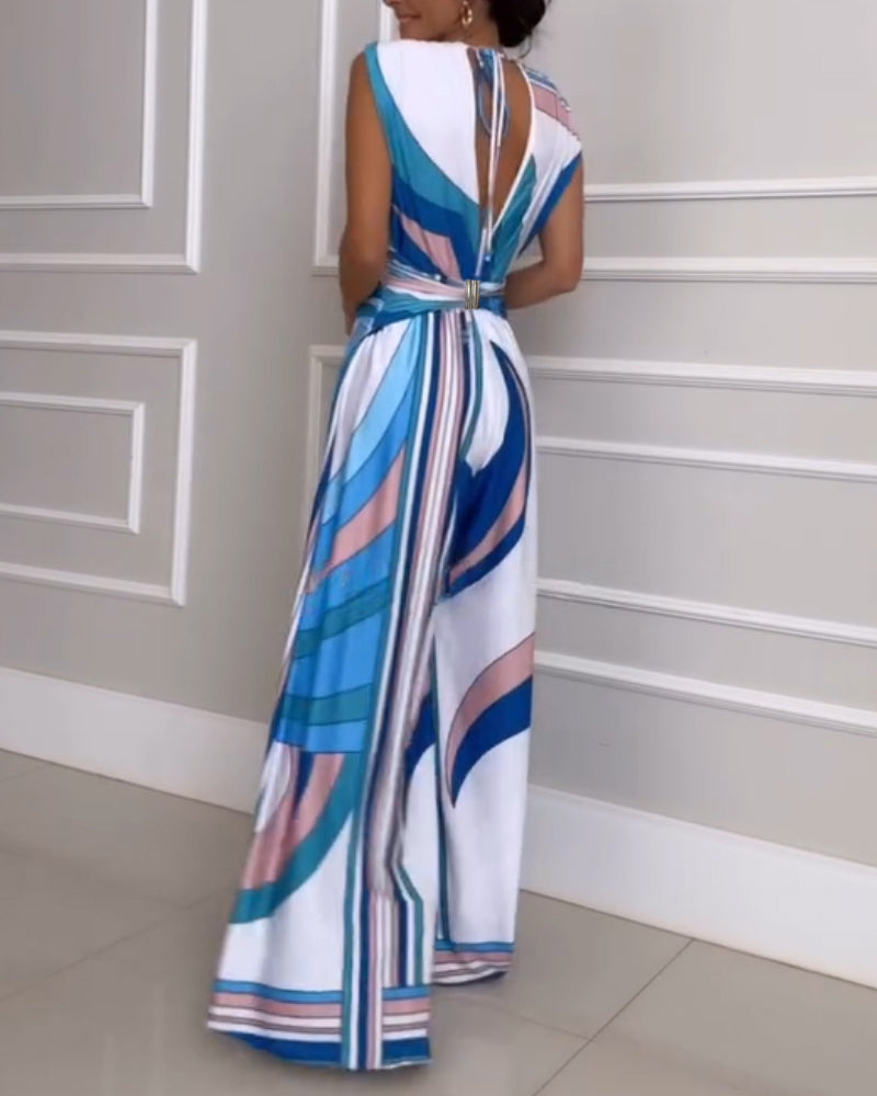 Summer Contrast Printed V-neck Backless Lace-Up Jumpsuit 3