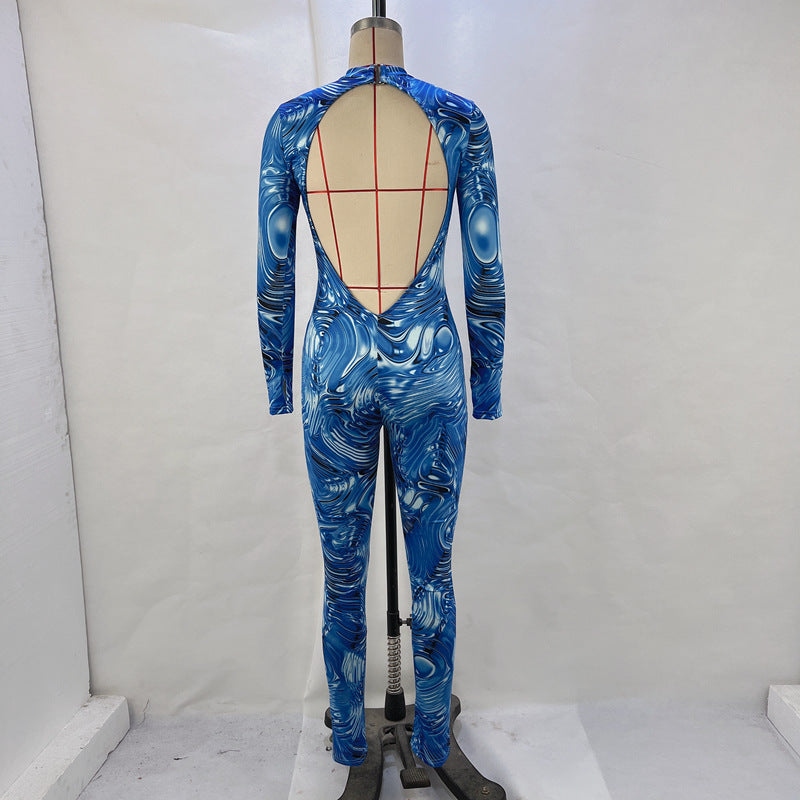 Women Hollow Long Sleeve Backless Printed Jumpsuit 14