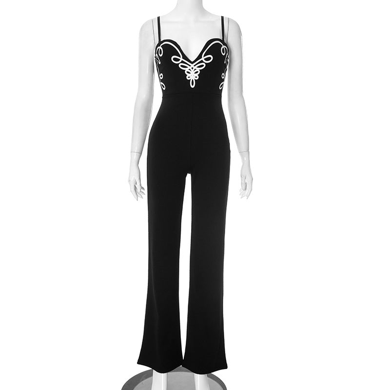 Women Spring/Summer Strapless V-Neck Print Zipper Bell Bottom Jumpsuit 8