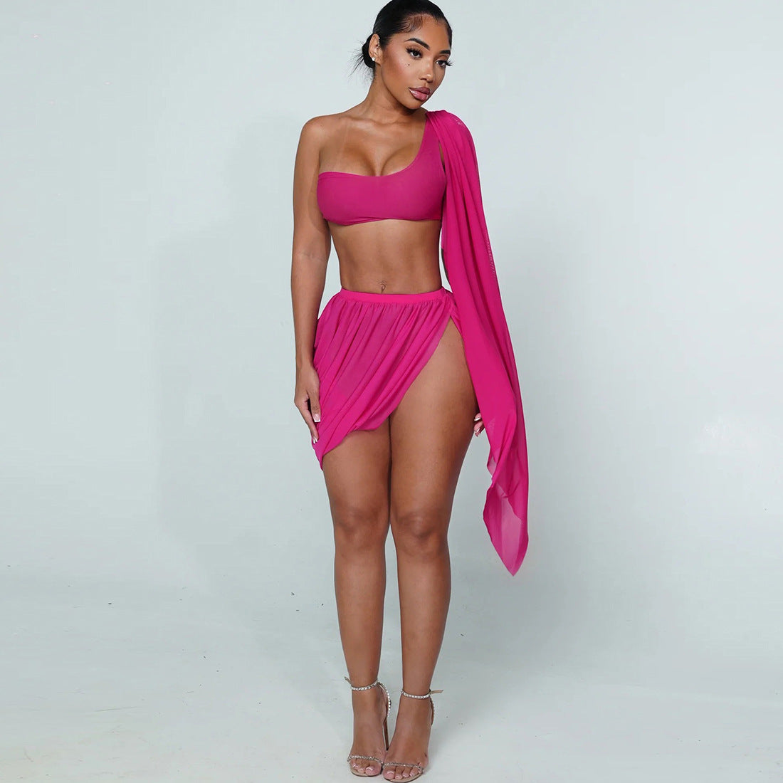 Women Fall Mesh Sexy One-Sided Long-Sleeve Crop Top with Pleated Slit Skirt Two-Piece Set 4