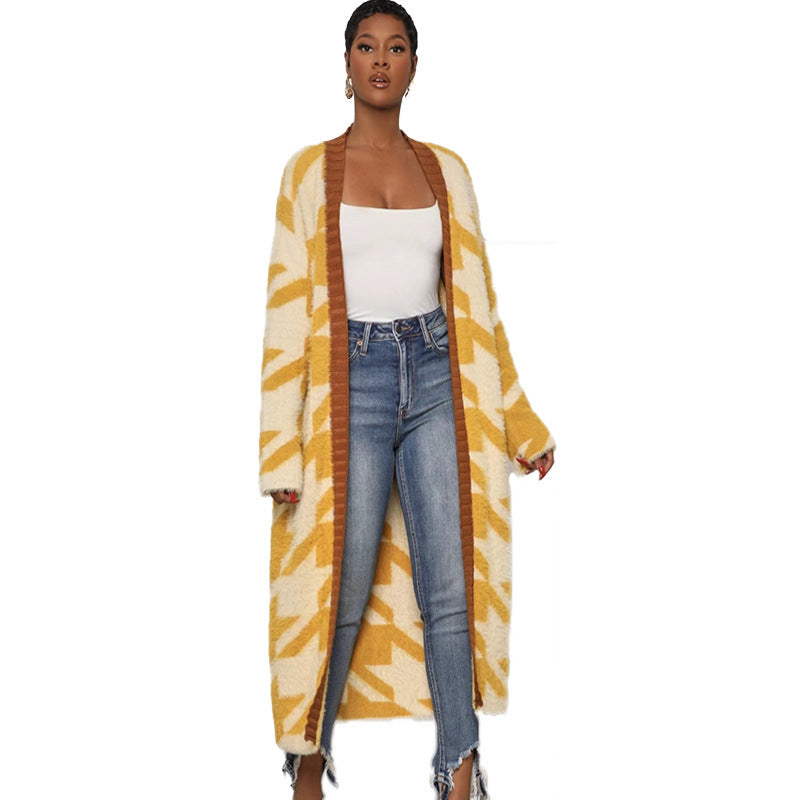 Houndstooth Knitting Velvet Coat Loose Cardigan 7
