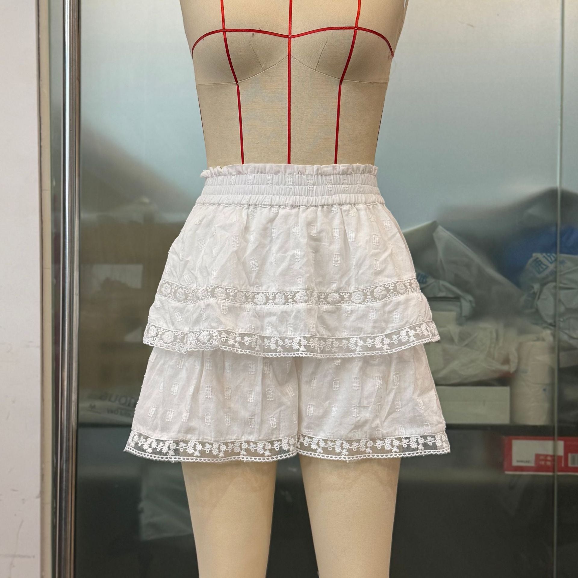 Women Elastic Waist Puffy Layered Lace Cascading Ruffles Skirt Pants 12