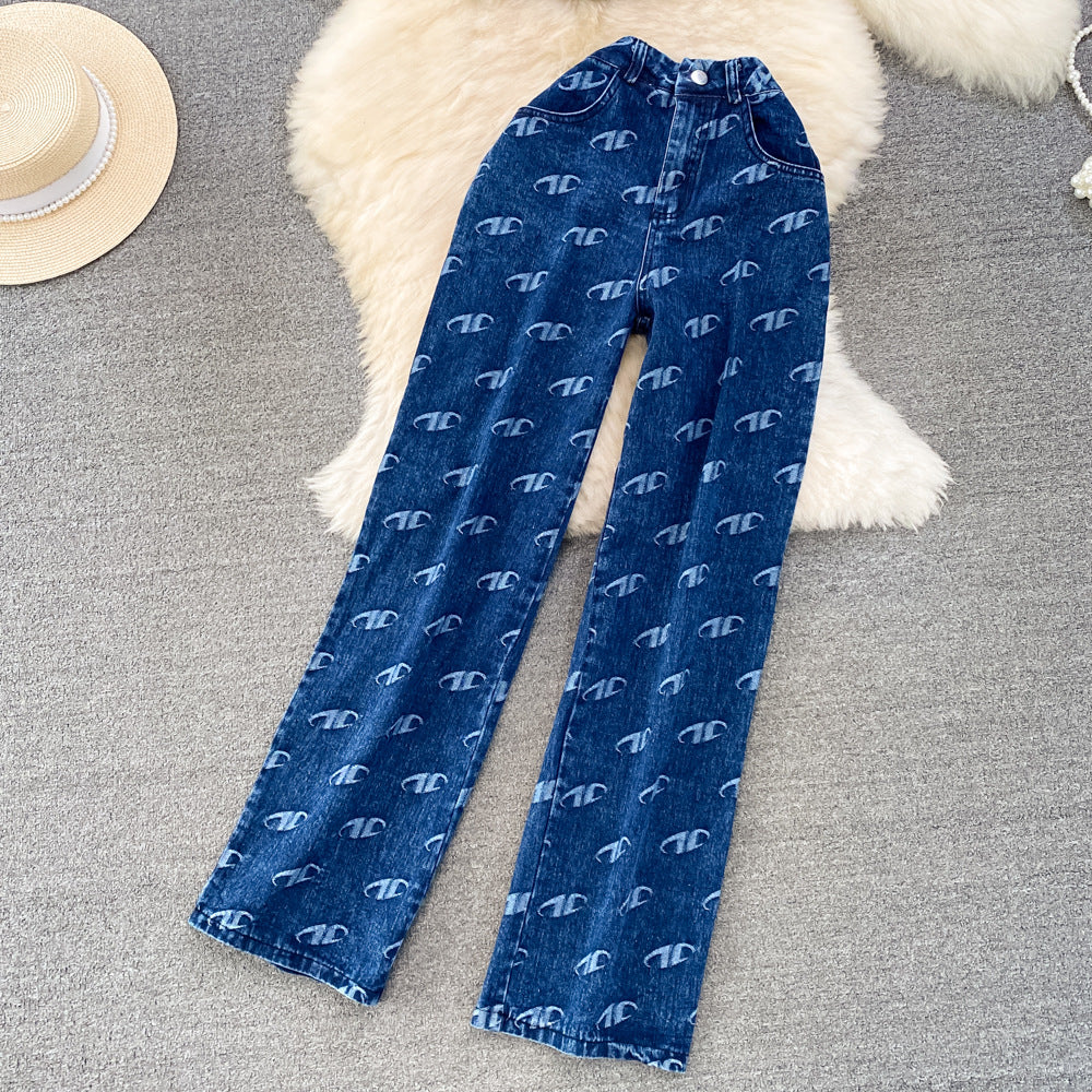 Women American Retro Strapless Denim Top and Pants Two-piece Set 5