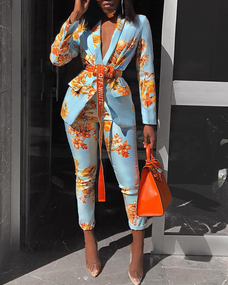 Printed Suit Career Blazer Trousers  Two Piece Set 4