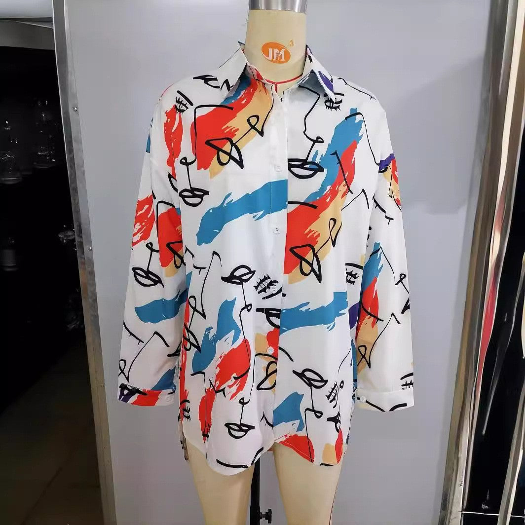 Fashionable printed long sleeve tops loose casual women's shirts 5