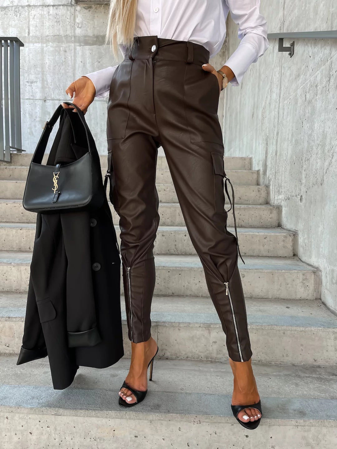 Women autumn and winter pocket pu leather trousers 4