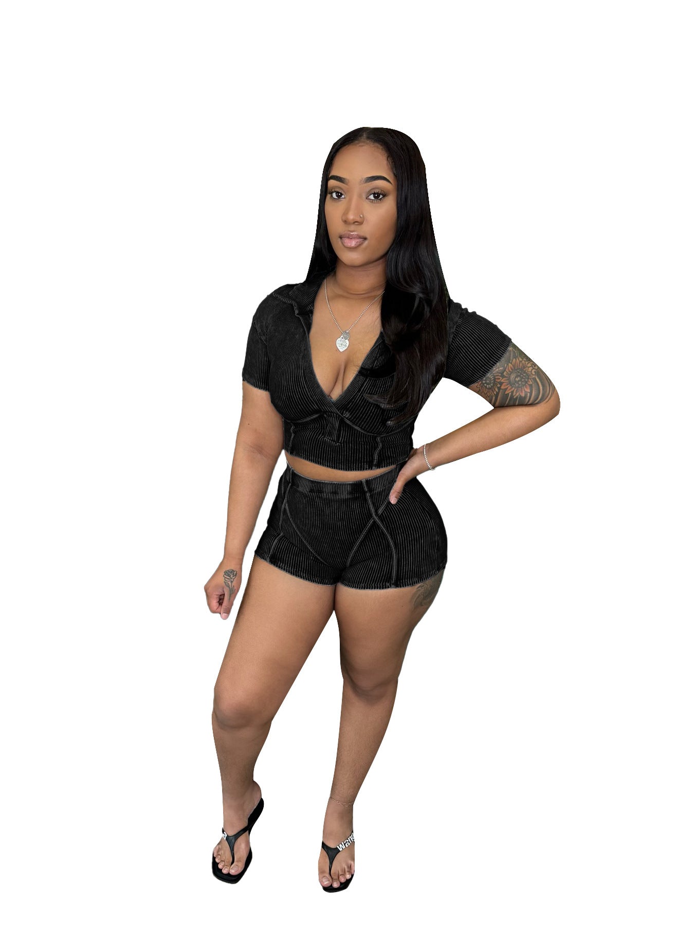 Women's Turndown Collar Deep V Short Sleeve Cotton Ribbed Top Shorts Two Piece Set 5