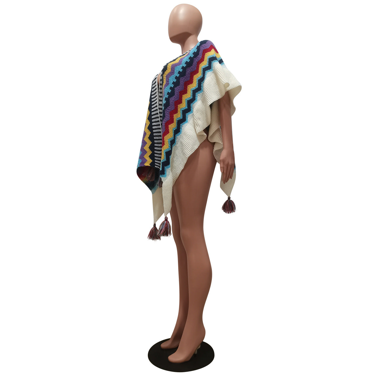 Women Autumn and Winter Geometric Knitting Crochet Tassel Cardigan Cape Jacket 14