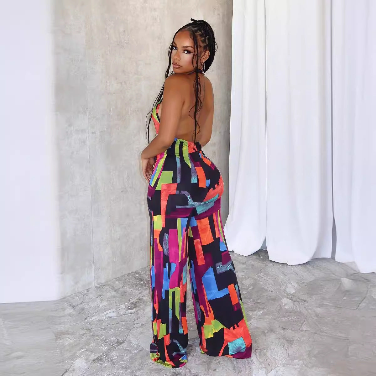 Sexy Printed Cross Halter Neck Low Back Slim Jumpsuit
