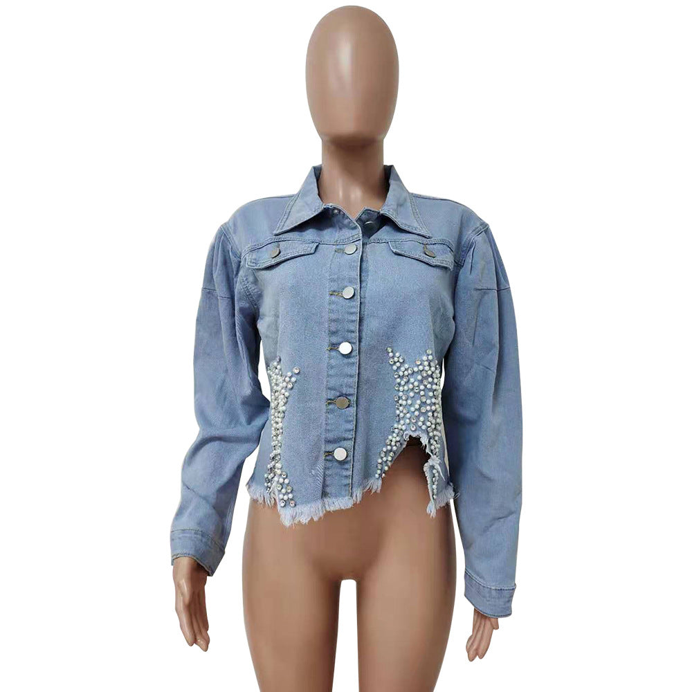 Women beaded crown Denim jacket 11