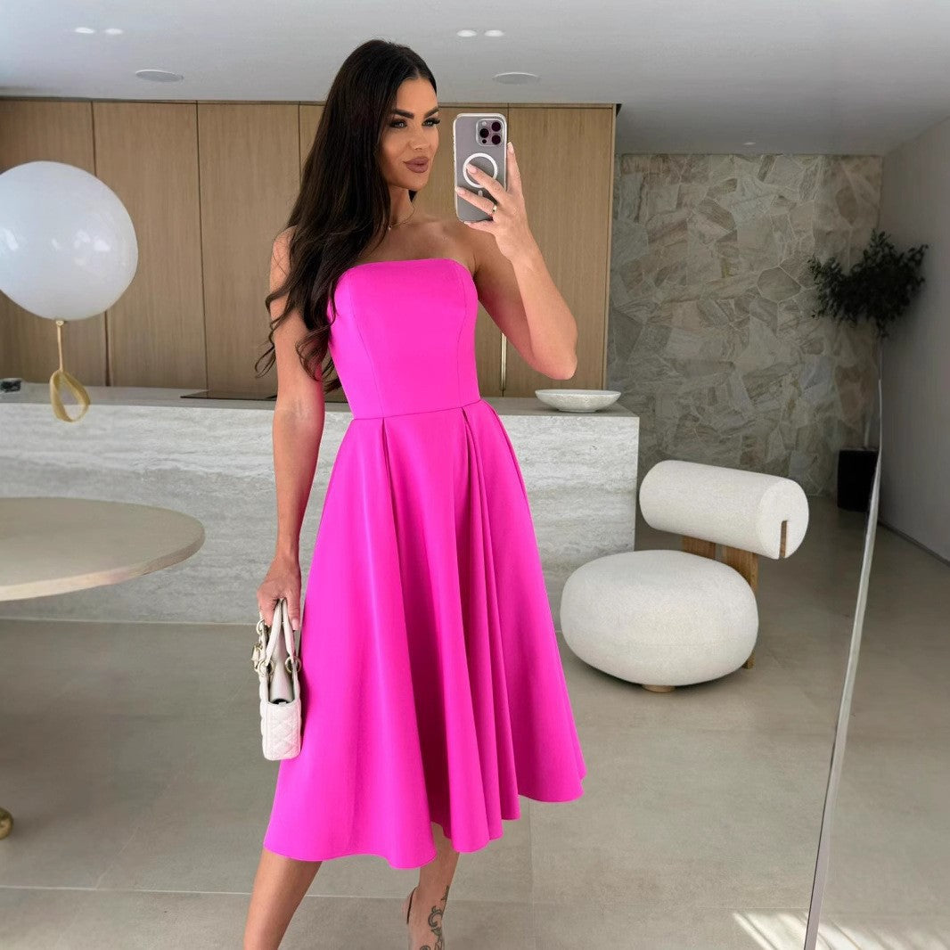 Summer Solid Chic Strapless A-line Midi Dress 9