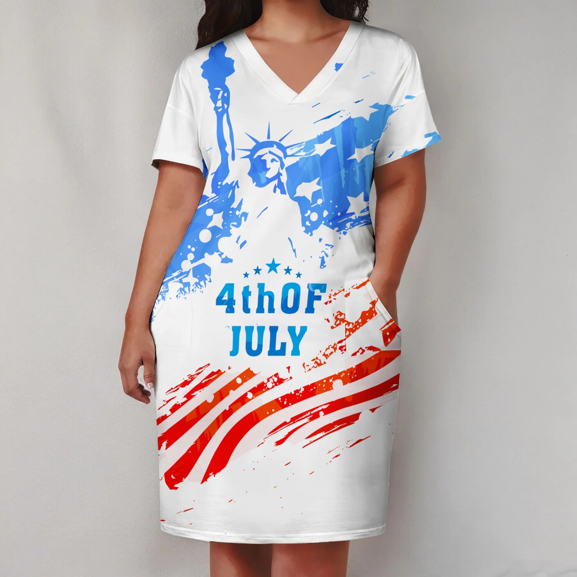 Plus Size Women American Flag V-Neck Pocket Loose Dress 4