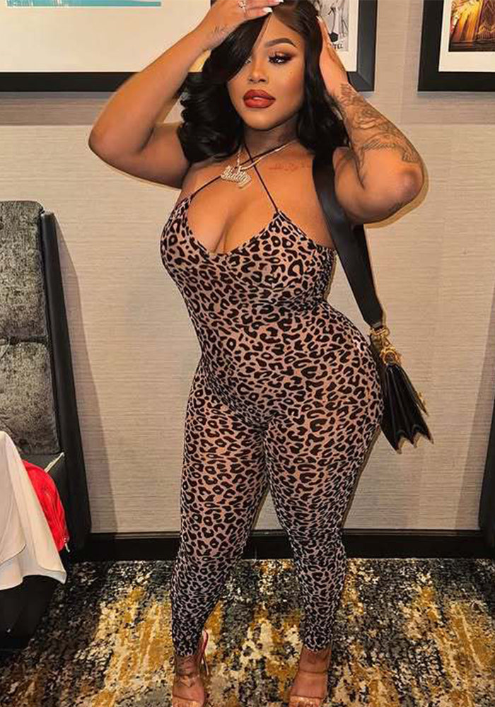 Women’s Sexy Leopard Print Straps Low-Cut Slim Jumpsuit